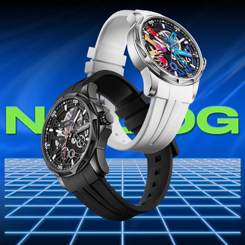 Đồng hồ cơ tự động nam Mark Fairwhale Tonneau Skeleton Dial Dây đeo silicon 3ATM Chống nước