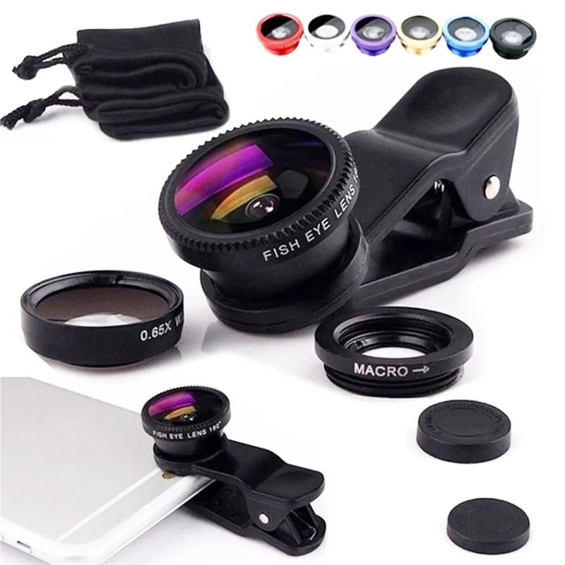 Ống kính máy ảnh Micro góc rộng 3in1 Fisheye cho iPhone Xiaomi Redmi 3IN1 Zoom Fish Eye Len trên ống