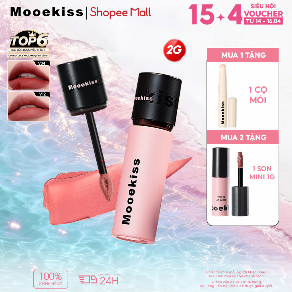 Son bùn Mooekiss chất lì mịn như nhung, không gây khô môi, giúp tôn da và giữ màu lâu trôi, thiết kế mini tiện mang theo 2g