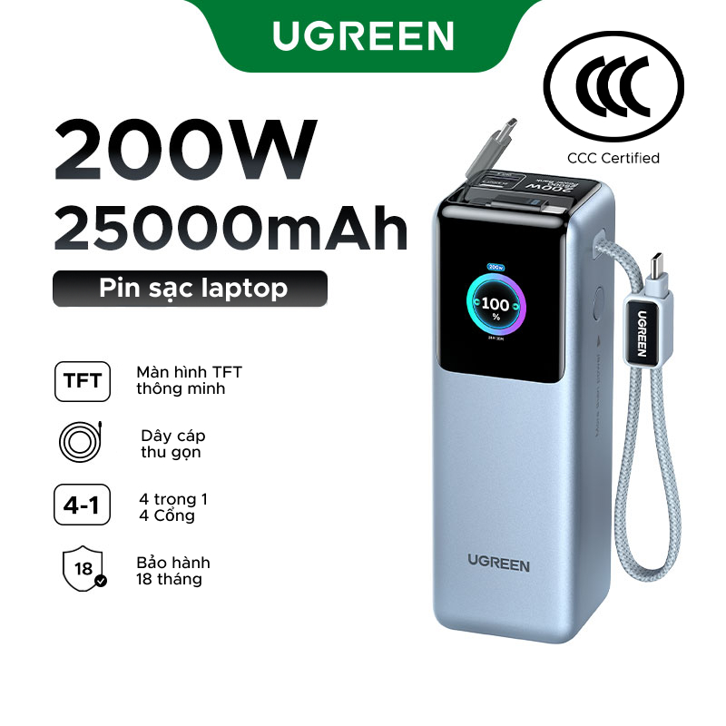 【Được chứng nhận CCC】UGREEN 200W 25000mAh Sạc nhanh Power Bank Cáp tích hợp kép Màn hình TFT thông minh Sạc pin cao cấp ô tô 4 thiết bị Tương thích cho Macbook Pro iPhone 17 Pro Max | BigBuy360 - bigbuy360.vn