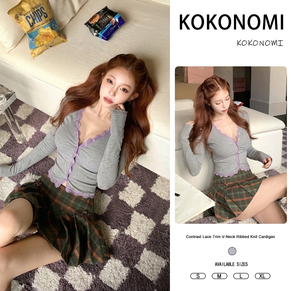 KOKONOMI Áo len dệt kim có gân cổ chữ V tương phản KOKONOMI