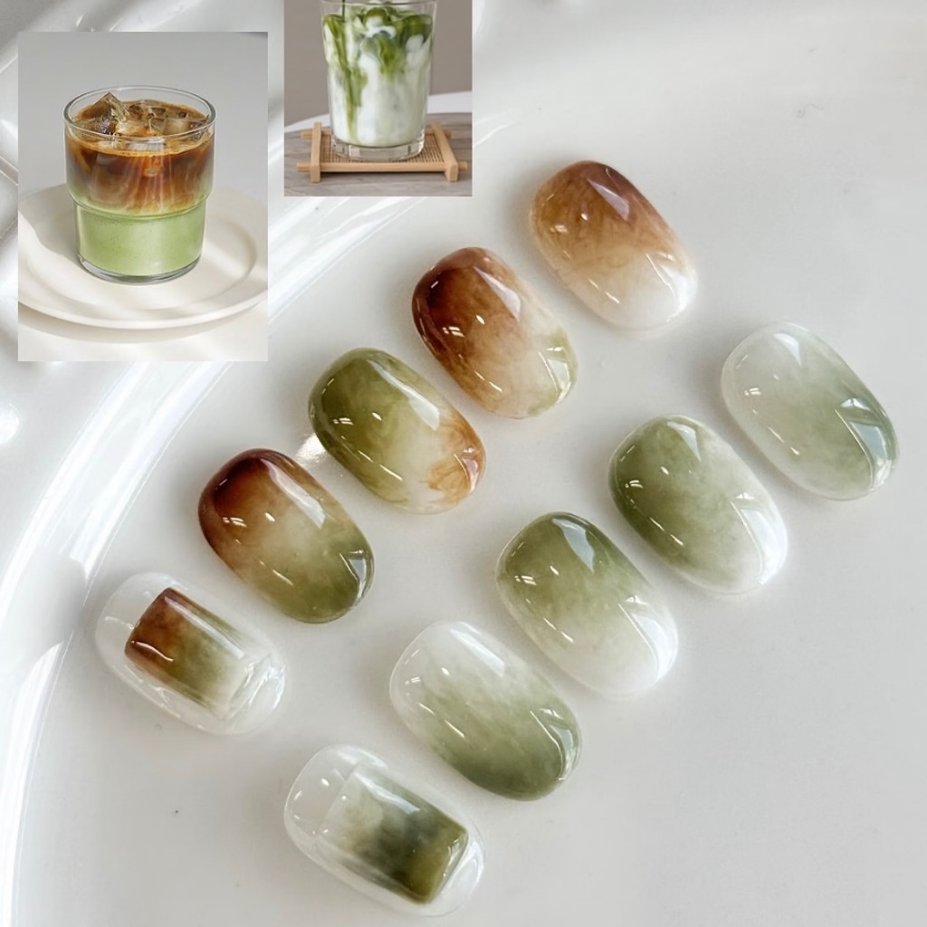 Matcha Latte Vẽ Tay Đeo Móng Tay ins Smudge Brown Làm Móng Tay Miếng Dán
