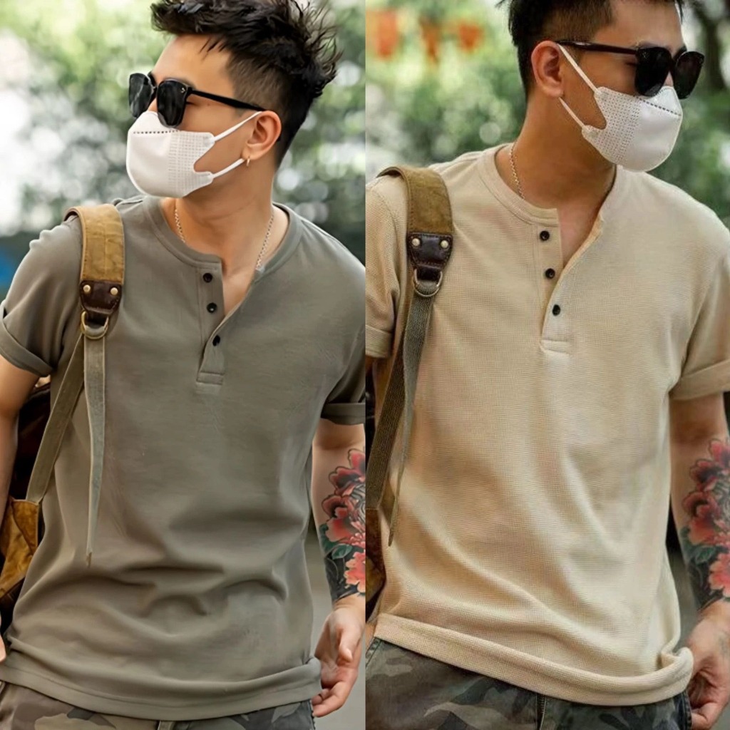 Áo Thun Nam Phong Cách Retro Waffle Đan, Cổ Chữ V, Henley