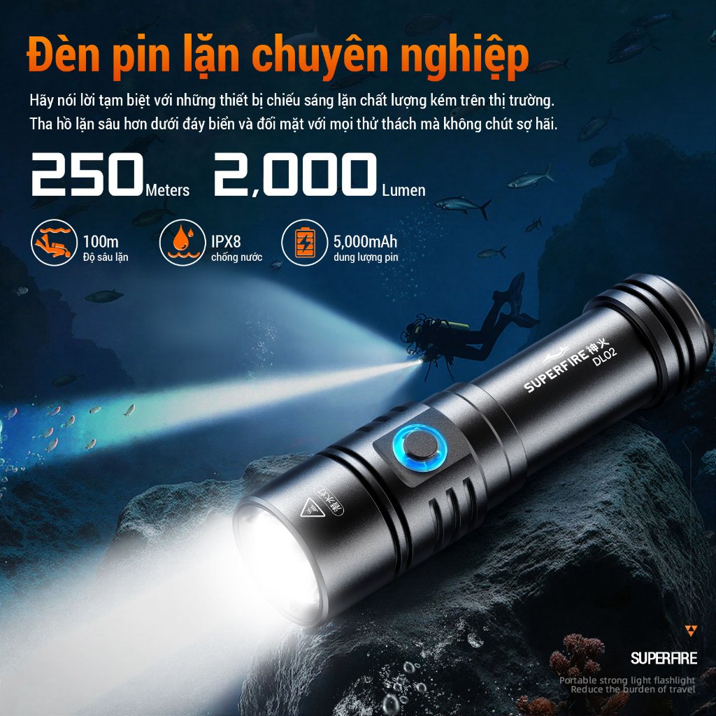 SUPERFIRE DL02 Đèn Lặn LED 20W Công Suất Lớn Tối Đa 2000 Lumen Chống Nước 100m An Toàn Cho Lặn Biển Sâu Hang Động và Ống Thở | BigBuy360 - bigbuy360.vn