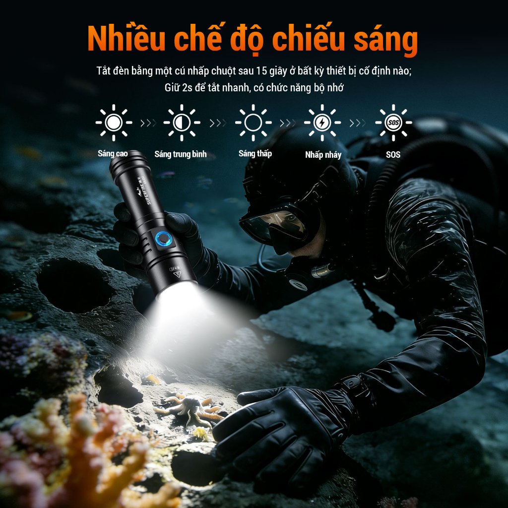 SUPERFIRE DL02 Đèn Lặn LED 20W Công Suất Lớn Tối Đa 2000 Lumen Chống Nước 100m An Toàn Cho Lặn Biển Sâu Hang Động và Ống Thở | BigBuy360 - bigbuy360.vn