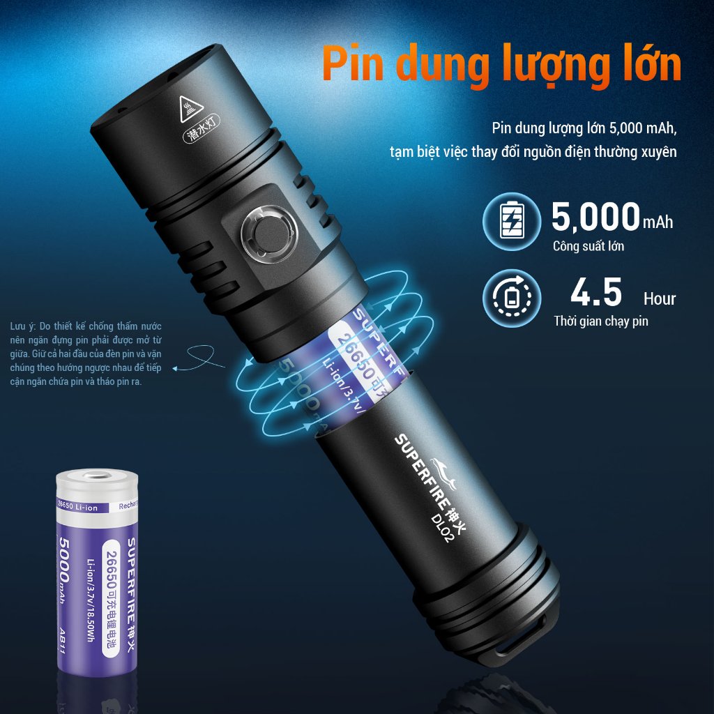 SUPERFIRE DL02 Đèn Lặn LED 20W Công Suất Lớn Tối Đa 2000 Lumen Chống Nước 100m An Toàn Cho Lặn Biển Sâu Hang Động và Ống Thở | BigBuy360 - bigbuy360.vn