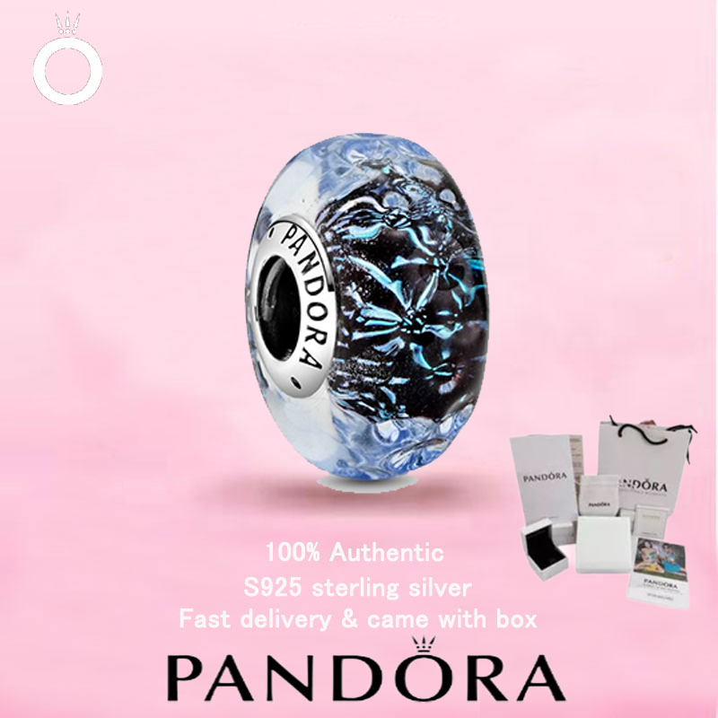 (42 100% trang sức nữ S925 Sterling Silver Wavy Xanh đậm Murano Glass Ocean Charm