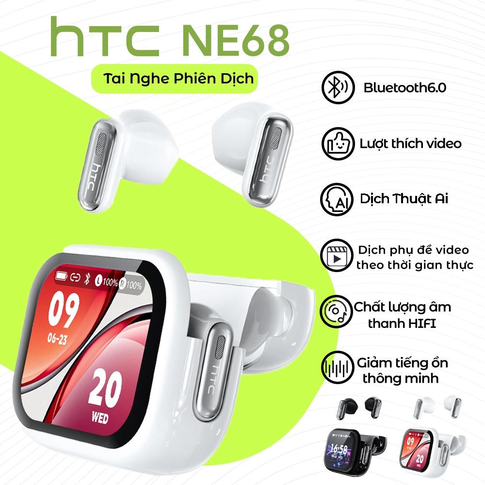 HTC NE68 Tai Nghe Phiên Dịch Dịch Hỗ trợ dịch phụ đề video theo thời gian thực Thời Gian Thực 134 Ngôn Ngữ luetooth 6.0 Màn Âm HiFi màn hình LED Chống ồn ANC  Chống nước IPX5  cho IOS / Android / PC