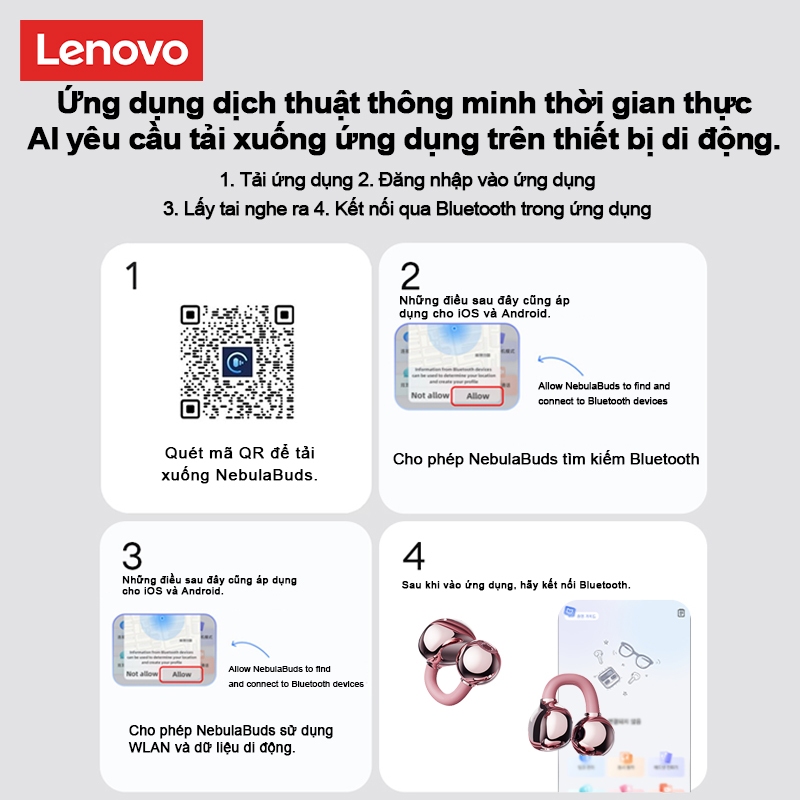 Tai nghe Bluetooth Lenovo LE302 AI Chất lượng âm thanh HIFI Dịch thời gian thực Đa ngôn ngữ Đi kèm với Trợ lý giọng nói Bluetooth 6.0 | BigBuy360 - bigbuy360.vn