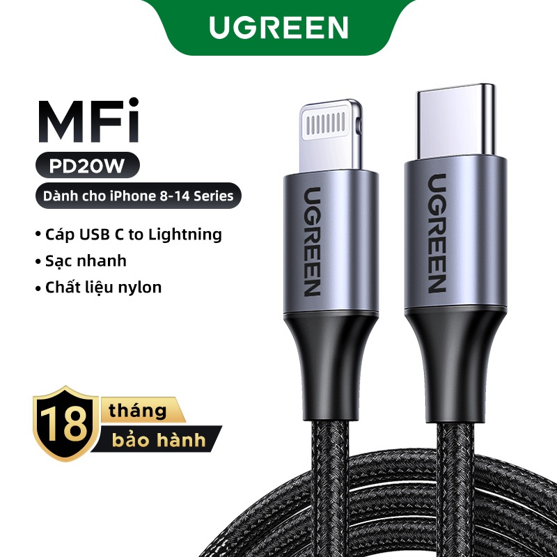 [Cho iPhone 8 -14 MFi] Cáp Sạc Nhanh UGREEN Nylon Dù USB-C to Lightning | Đạt chứng nhận MFi Apple |