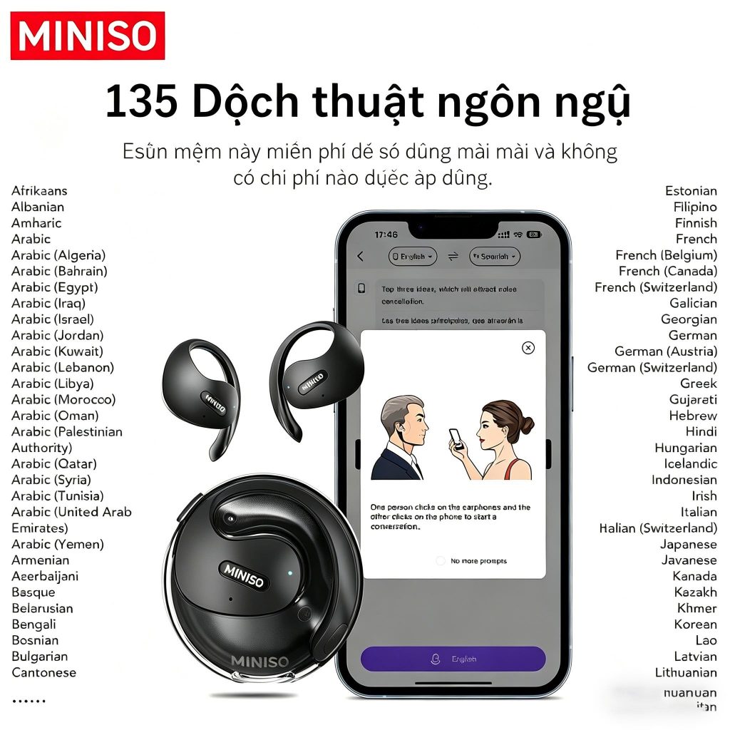 Tai nghe dịch ngôn ngữ AI MINISO X15 Pro – Bluetooth 5.4, 135 ngôn ngữ, Thiết kế tai mở thoải mái | BigBuy360 - bigbuy360.vn