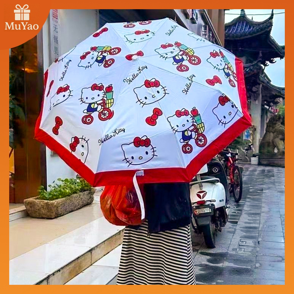Hello Kitty Mưa Hoặc Mưa Ô Hoạt Hình Full In Ô Đỏ Trắng Tương Phản Màu Che Nắng Sinh Nhật Ngày Lễ Qu