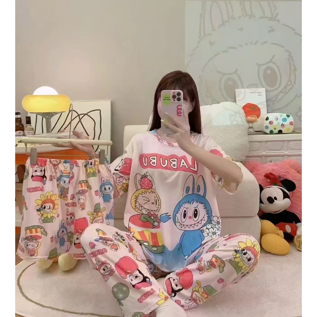 Hoạt Hình LABUBU Nữ Tay Ngắn Đồ Ngủ Thường Ngày 3 Bộ Đồ Ngủ Bộ Đồ Ngủ Nhà Mới