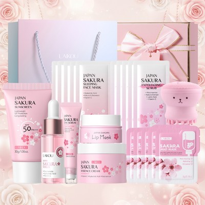 LAIKOU Japan Sakura Sun Protection & Recovery Luxury Set - Kem chống nắng SPF50 + Serum mặt + Tinh chất mắt + Mặt nạ bùn + Tẩy tế bào chết | Hộp quà chăm sóc da làm sáng da với công cụ làm sạch bạch tuộc