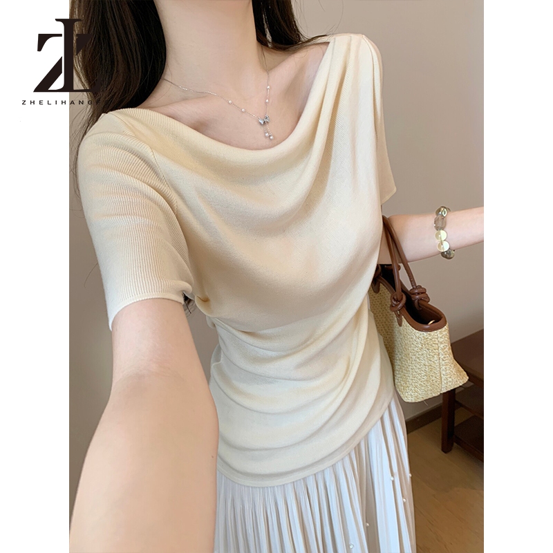 ZHELIHANGFEI Đồ dệt kim ngắn tay cổ xoay vừa vặn kiểu Pháp | BigBuy360 - bigbuy360.vn