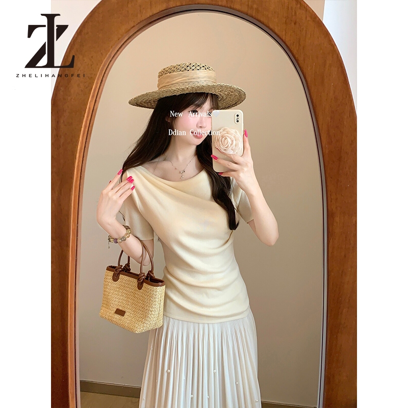 ZHELIHANGFEI Đồ dệt kim ngắn tay cổ xoay vừa vặn kiểu Pháp | BigBuy360 - bigbuy360.vn