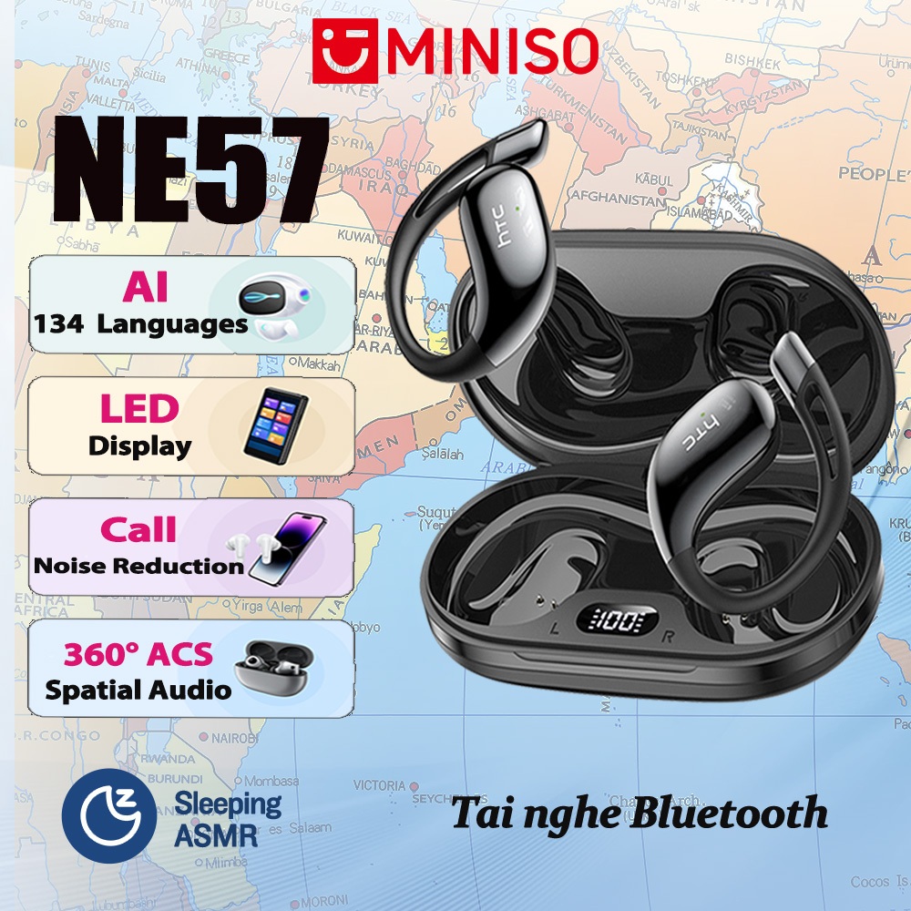 Tai nghe dịch thuật HTC NE57 AI Màn hình LED Tai nghe Bluetooth V6.0 HIFI Gọi Khử tiếng ồn Tai nghe không dây IPX5 Tai nghe thể thao chống nước