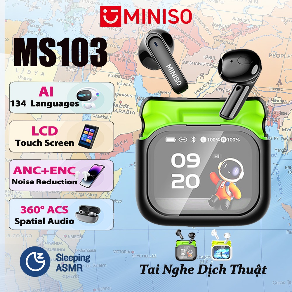 Tai nghe dịch Video MINISO MS103 AI Tai nghe không dây HIFI LCD Màn hình cảm ứng thông minh Tai nghe Bluetooth đa chức năng V6.0 ANC + ENC Tai nghe khử tiếng ồn