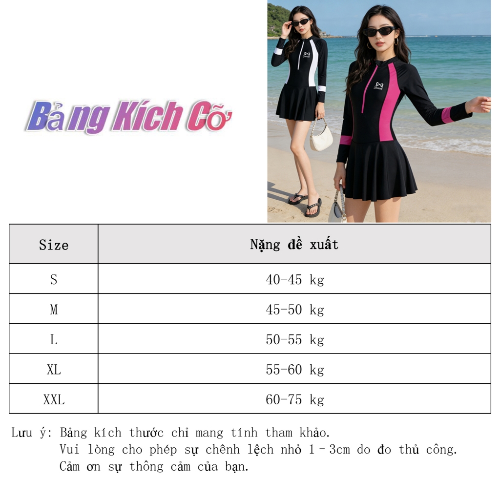 Bộ đồ bơi nữ mới mùa hè, áo tay dài màu đen - hồng - trắng, chống nắng, chống tia UV, khóa kéo phía trước, phù hợp mặc ở bãi biển và hồ bơi. | BigBuy360 - bigbuy360.vn