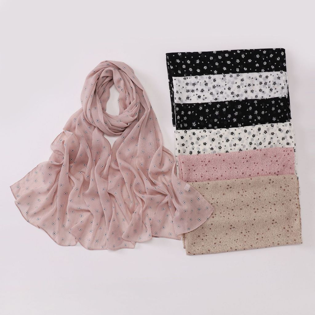 Jifang Khăn Choàng Chiffon Họa Tiết Hoa và Ngôi Sao Hồi Giáo - Pashmina Nhăn Nếp