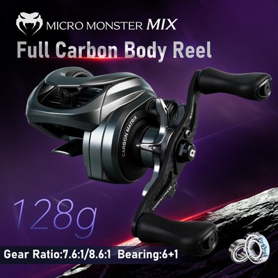 Reel câu cá Kingdom Micro Monster Mix đúc mịn, tỷ lệ bánh răng cao 7.6:1 và 8.6:1, kèm 6+1 vòng bi, kéo tối đa 4kg, tốc độ cao với phanh từ tính