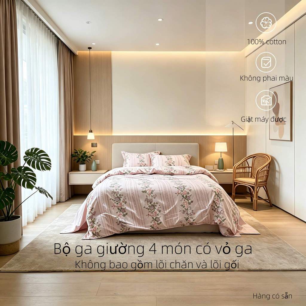 Bộ 4 món ga giường bông - Vỏ chăn, vỏ gối, khăn trải giường phẳng họa tiết hoa