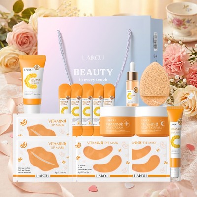 Bộ chăm sóc da làm sáng da LAIKOU Vitamin C 10 chiếc - Bộ chỉnh sửa vết thâm và chống oxy hóa tiên tiến | VC Serum + Kem dưỡng mắt ba con lăn + Kem ngủ ban ngày | Bộ quà tặng làm trắng da mặt