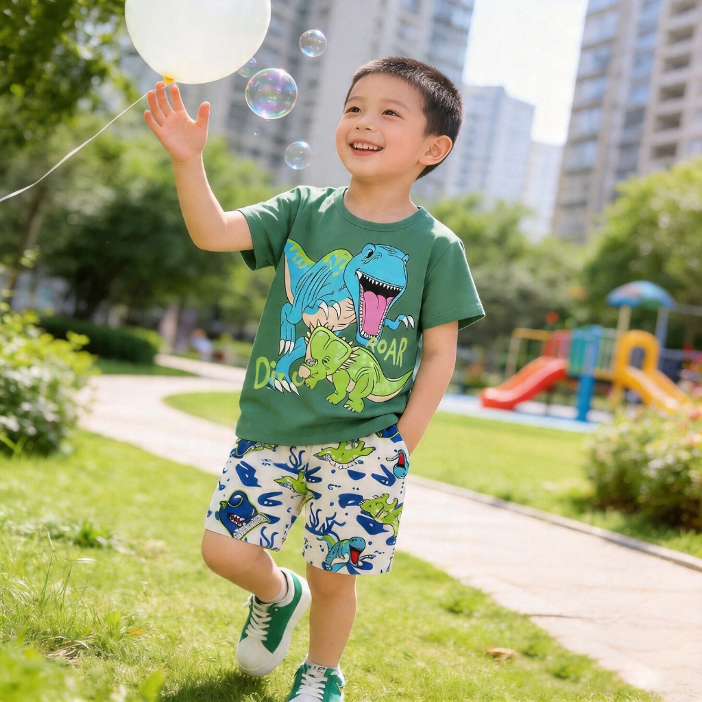 Bộ Xuân Hè Ngắn Tay Cho Bé Trai 1-3 Tuổi In Họa Tiết Khủng Long Chất Cotton Mềm Mại Cho Bé Từ 12-20kg