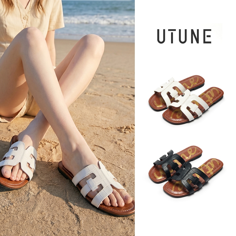 UTUNE dép sandal nữ phong cách Pháp vintage vân cá sấu đế bằng mềm êm chống trượt bền bỉ đàn hồi tốt