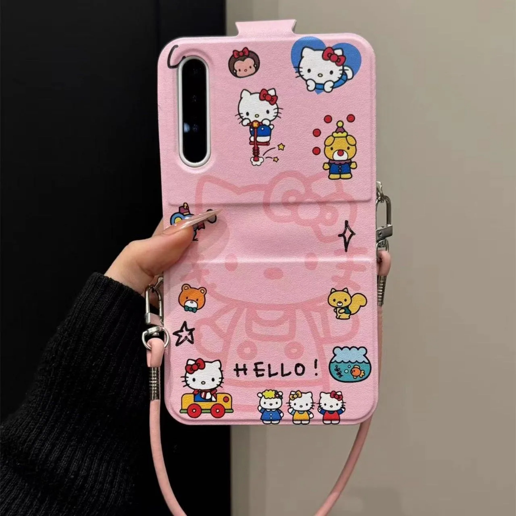 Z Flip6 Ốp Lưng Sách Phong Cách Dễ Thương Màu Hồng Mèo Kitty Da Lật Ốp Lưng Điện Thoại Samsung Galax