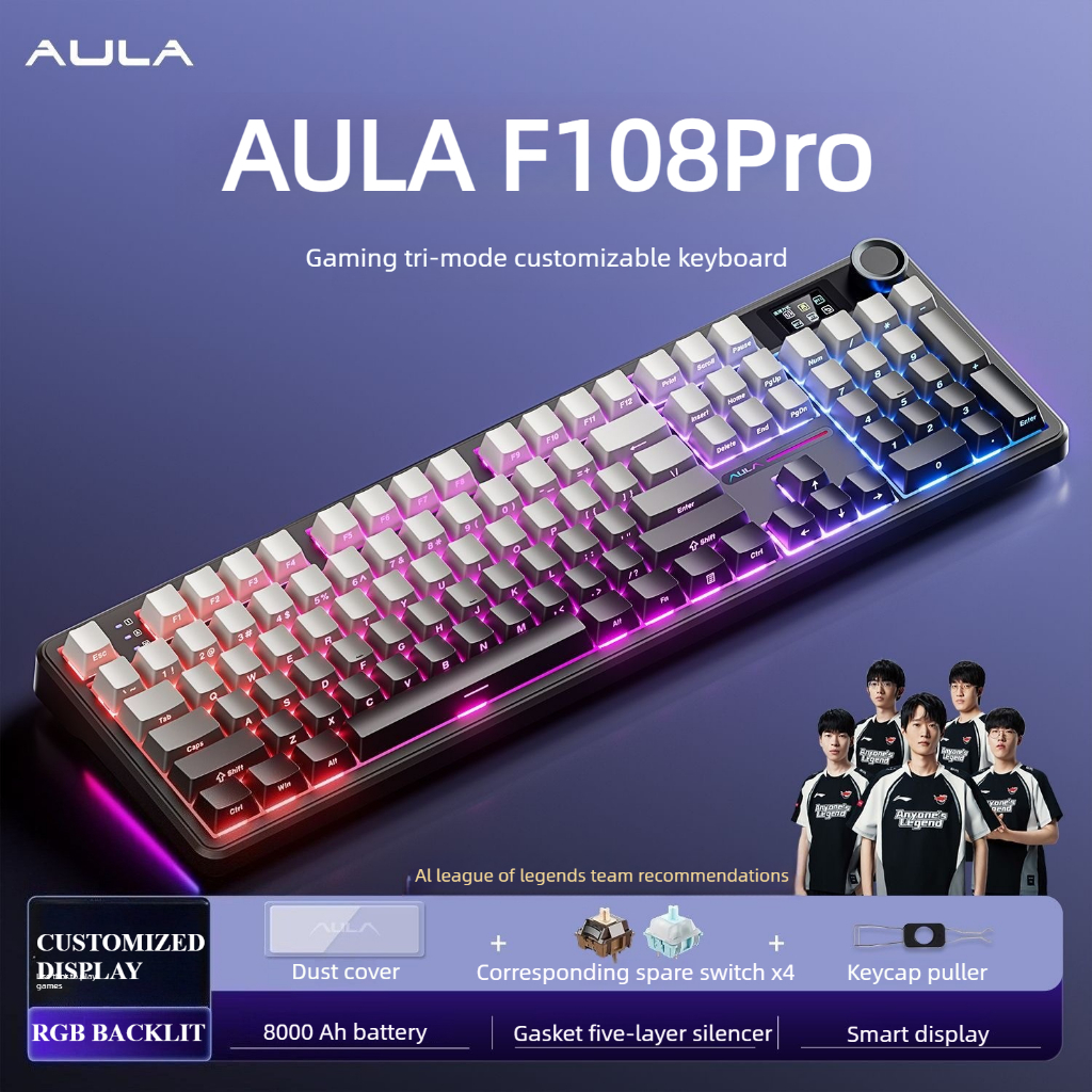 AULA F108 Pro Wireless Bluetooth Three Mode Keyboard with Display and Multi Functional Knob Customiz