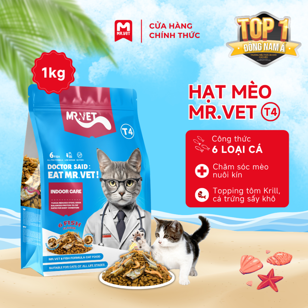 Thức ăn cho mèo Mr.Vet T4 mới 1kg Công thức 6 loại cá Cá ngừ, Cá hồi, Cá Bonito, Cá trứng sấy,...