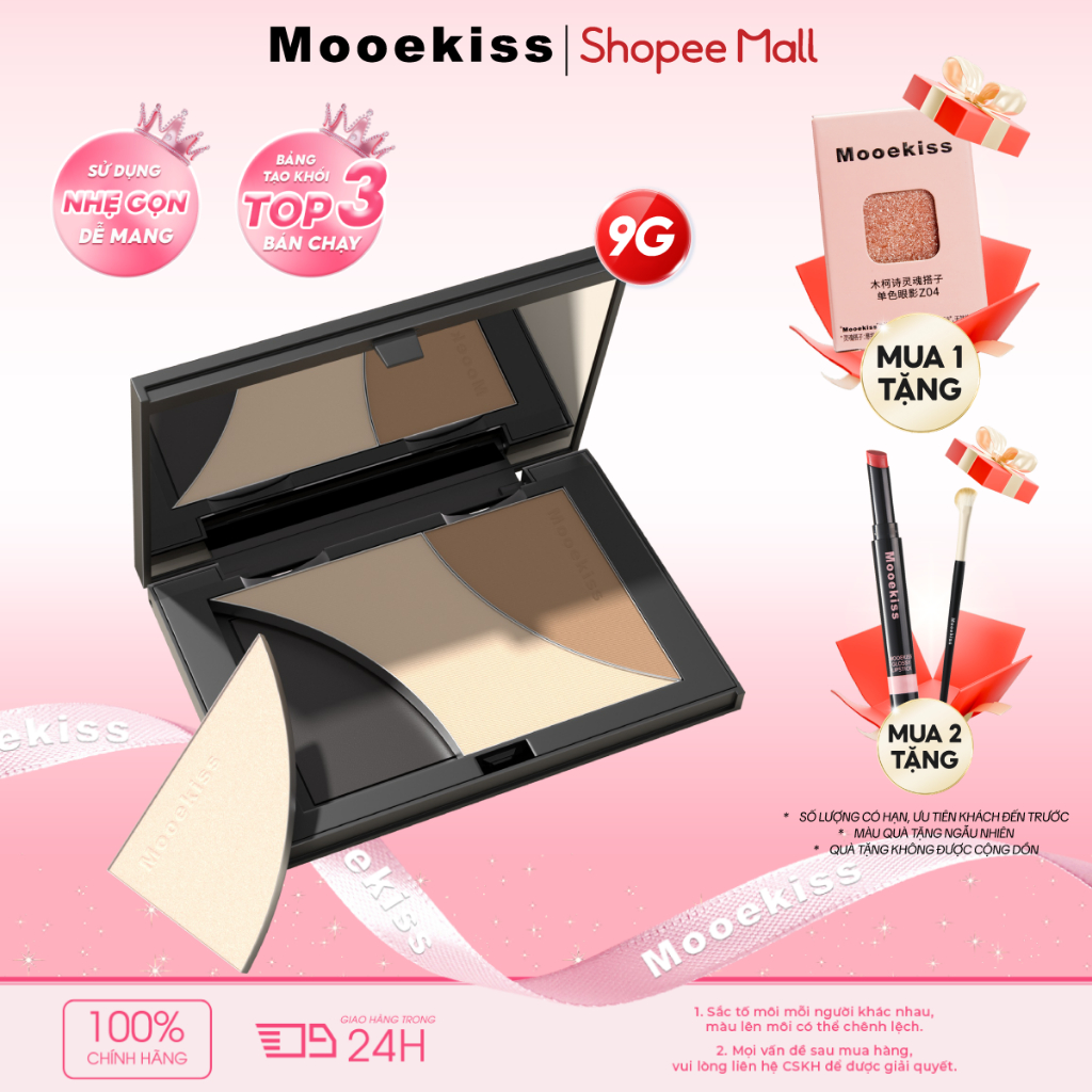 Bảng tạo khối Mooekiss 3 màu phiên bản 9g, tích hợp contour và highlight tiện dụng | BigBuy360 - bigbuy360.vn