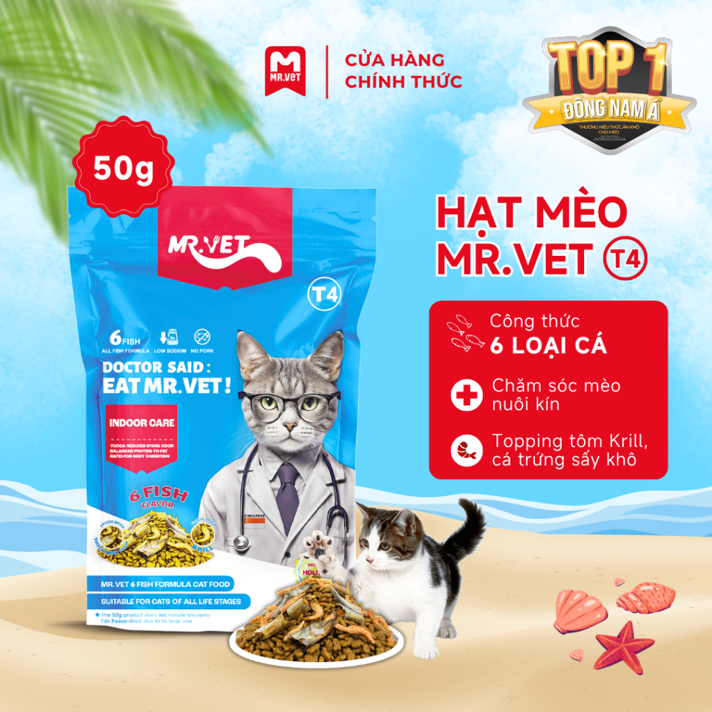 Thức ăn cho mèo MRVET T4 gói 50G giảm mùi hôi chất thải chăm sóc mèo nuôi trong nhà, chứa 6 loại cá
