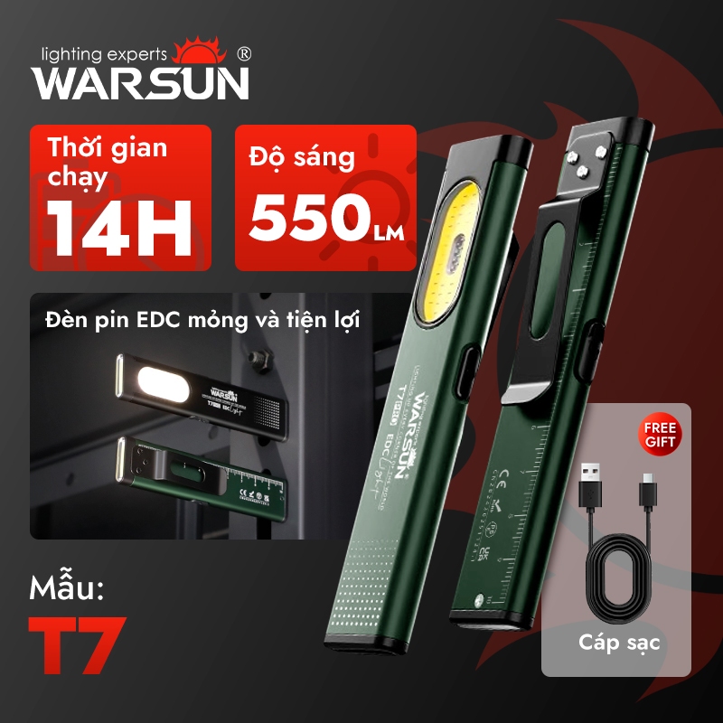 Warsun T7 PRO Đèn pin LED 650LM nhỏ gọn, có thể sạc lại, thích hợp cho cắm trại và sửa chữa ô tô