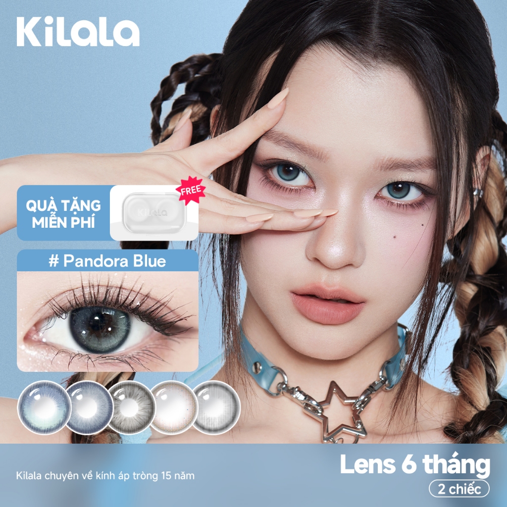 Kính áp tròng Kilala màu nâu Pearly Grey/Lychee Grey/Pandora Blue lens cận 6 tháng DIA 14.2mm có độ 