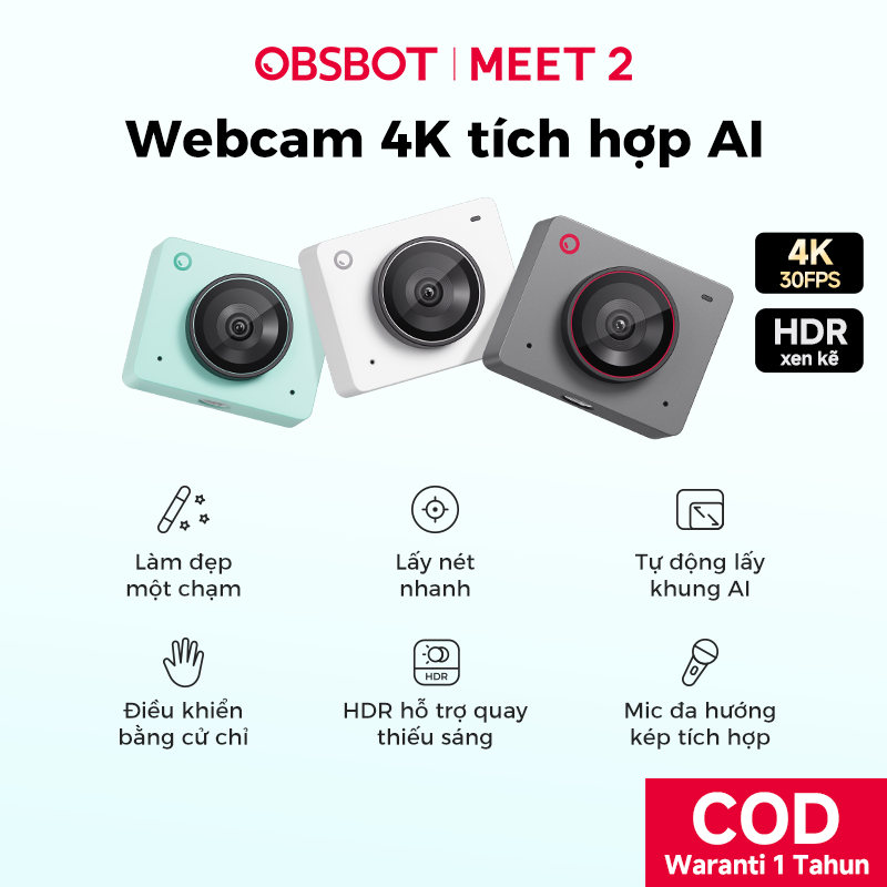 OBSBOT Meet 2 4K 60 FPS Webcam AI, Tự động lấy nét cho PC, Laptop, dùng livestream, học online