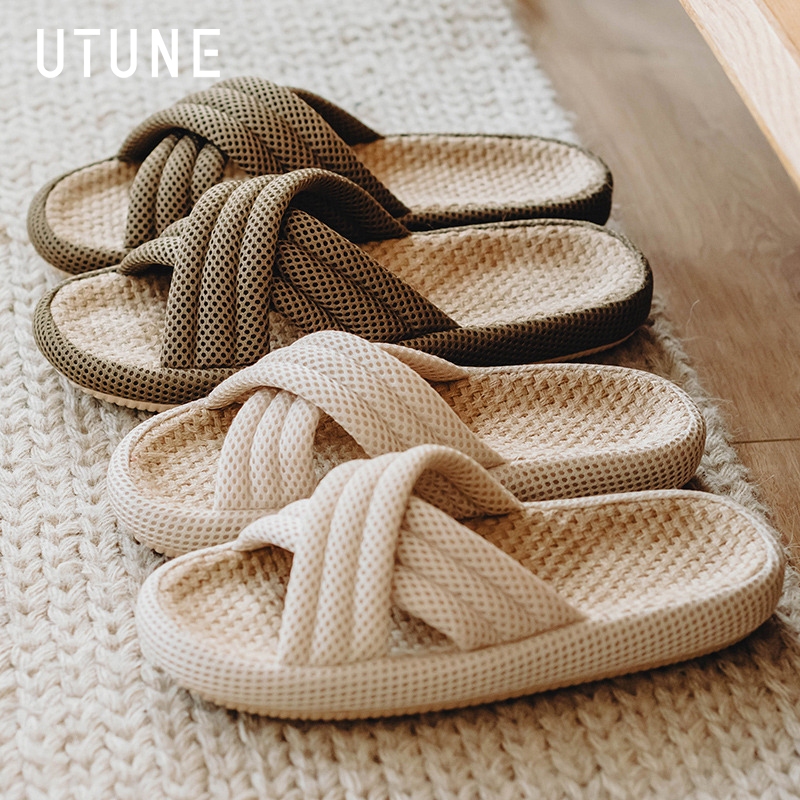 UTUNE dép đi trong nhà vải lanh kiểu Nhật quai chéo đế dày 3cm dép mang trong nhà sàn gỗ thoáng khí 