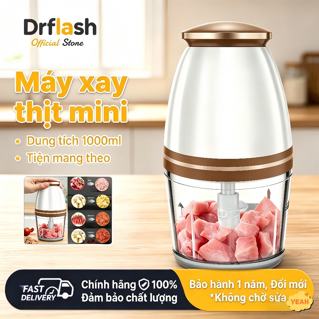 Drflash 1000ML Máy Xay Đa Năng  - Máy Xay Sinh Tố,Thịt Cao Cấp-Lưỡi Dao Lớn Không Gỉ
