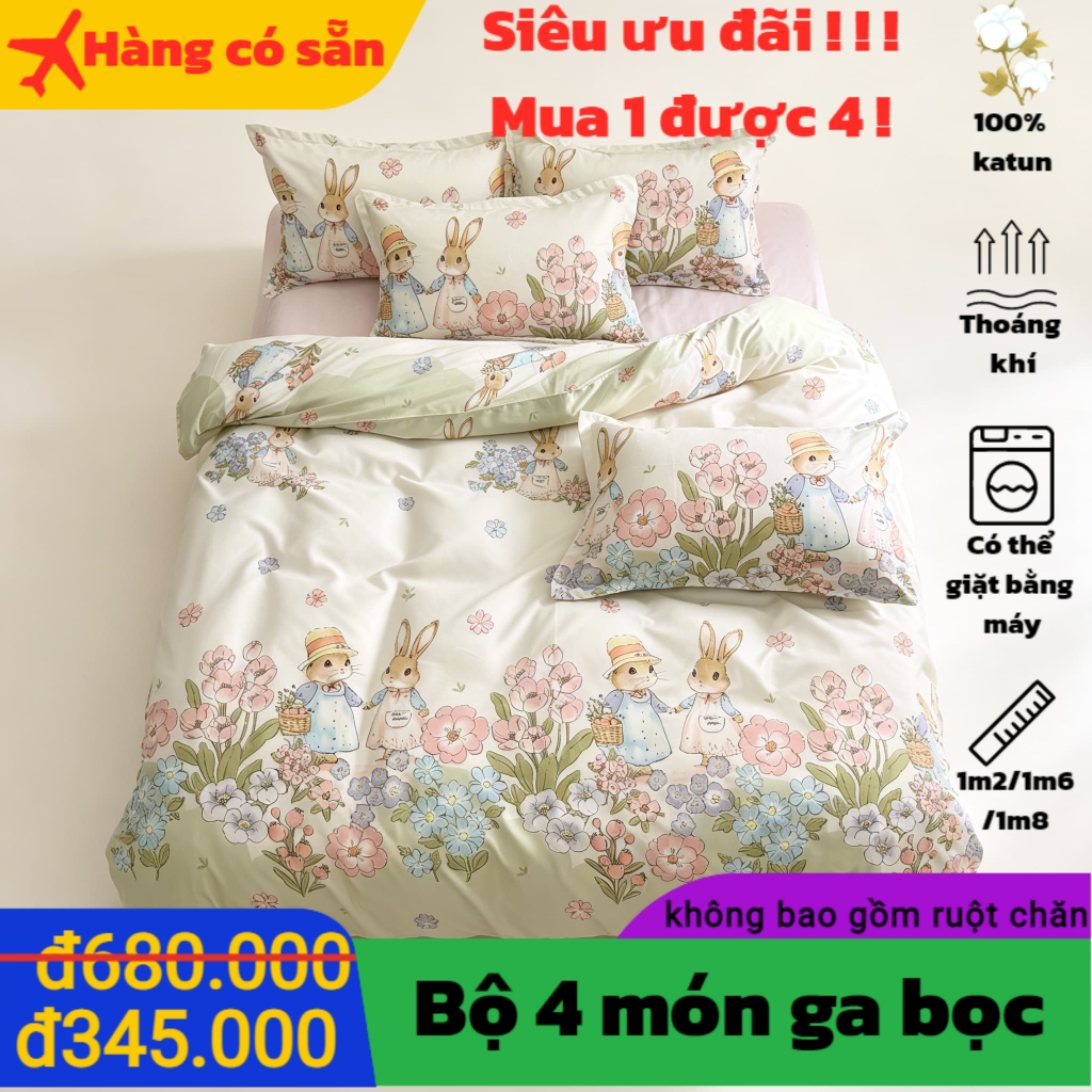 Bộ 4 món ga bọc (không bao gồm ruột chăn) - Thoáng khí, chất lượng cao. Ga bọc sát nệm, hoàn hảo bao