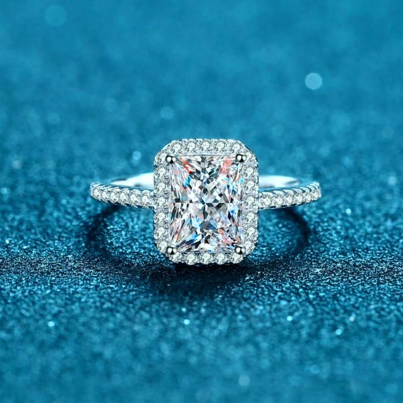 X-134    Nhẫn nữ bạc 925, 1 Carat / 2 Carat Moissanite (Bao gồm chứng chỉ), Zircon vuông 5mm * 7mm /