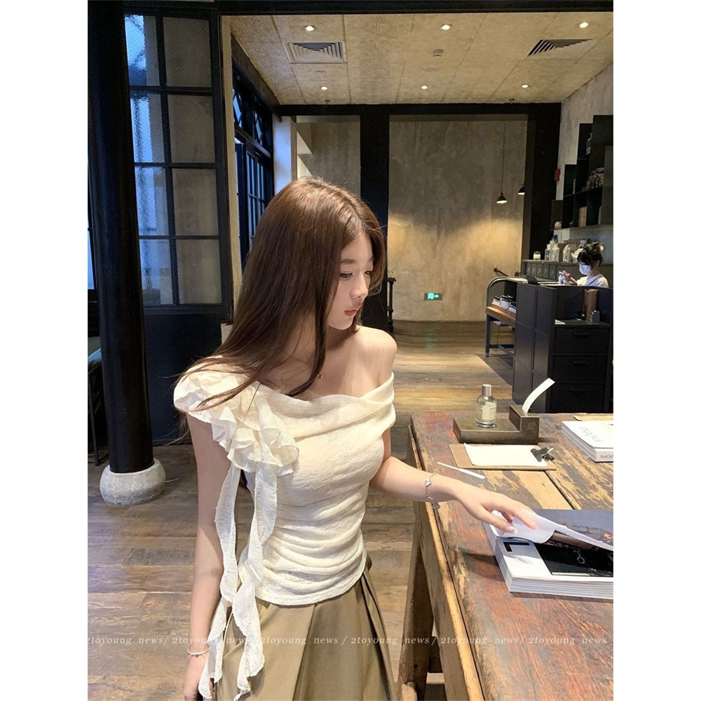 【Cheese】Phụ nữ Pháp Mùa hè Slim-fit Xếp ly cổ áo lấp lánh Streamer Vai ngắn tay