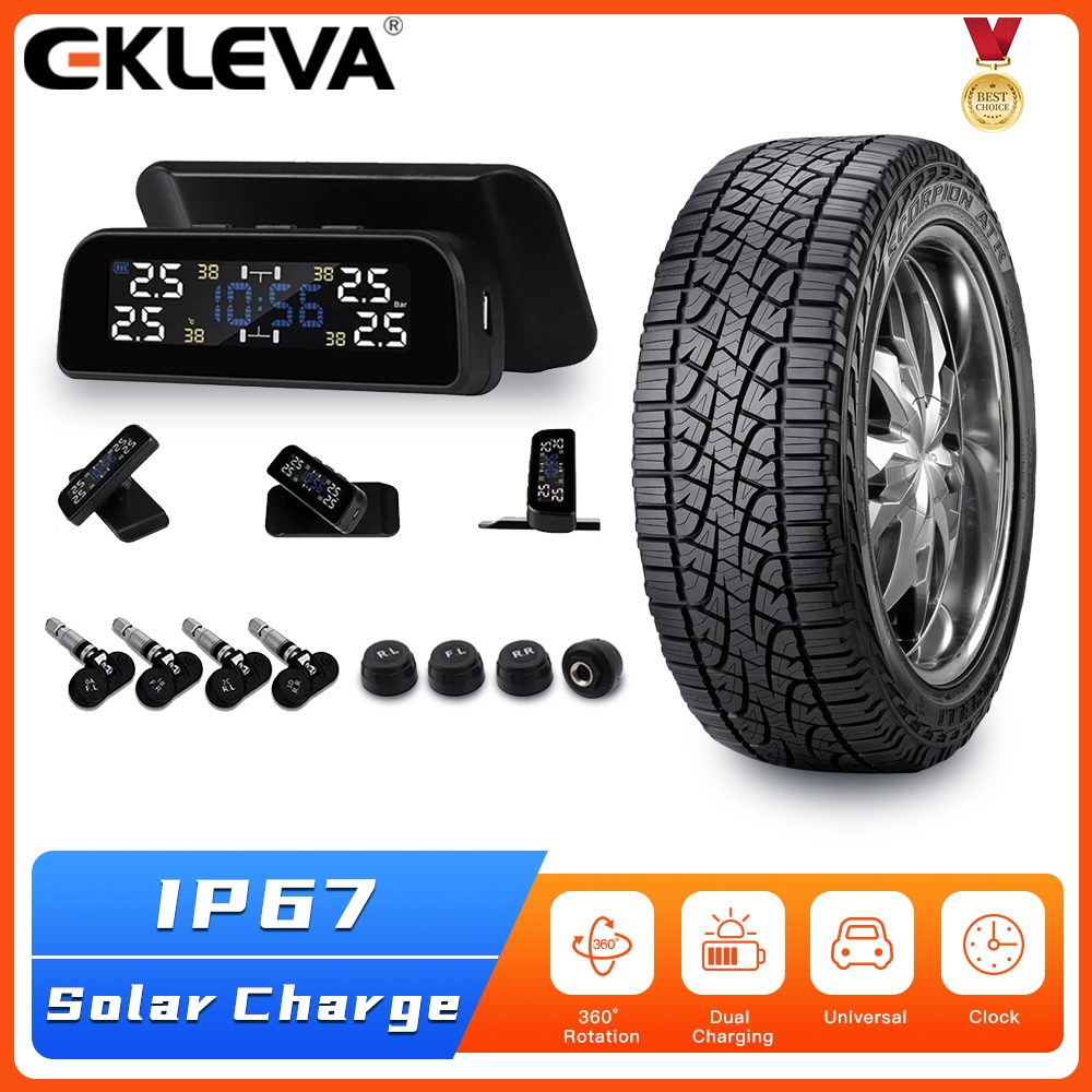EKLEVA Hệ Thống Giám Sát Áp Suất Lốp Xe Hơi TPMS Thông Minh Sạc Năng Lượng Mặt Trời Tự Động Màn Hình
