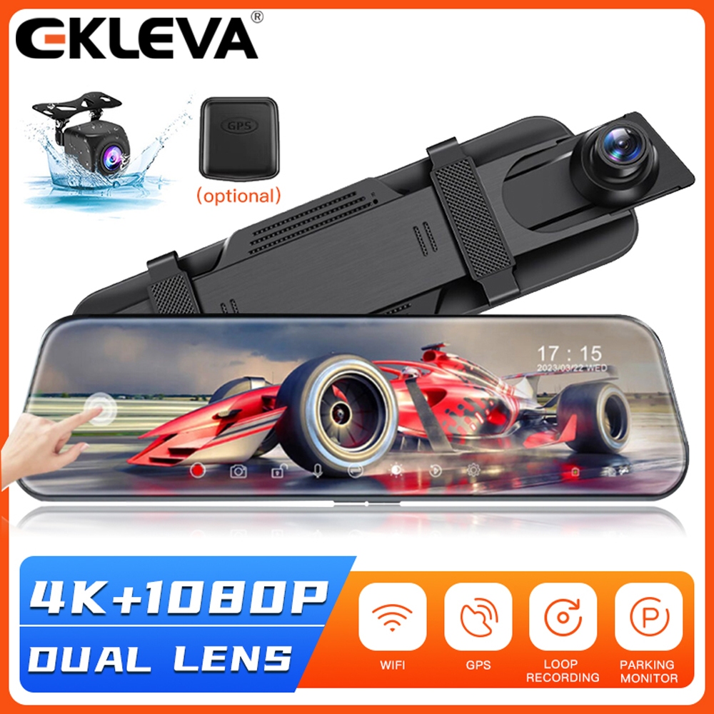 Ekleva 10 "DVR ô tô 4K WIFI Dash cam Màn hình cảm ứng Stream Media camera 2160P GPS Ống kính kép Tim