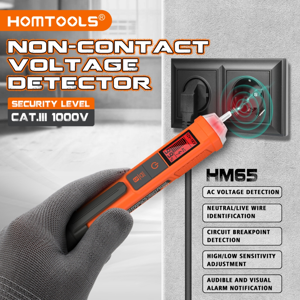 Máy kiểm tra điện áp AC HOMTOOLS HM65 12-1000V Phát hiện điện áp không tiếp xúc Máy dò điện tử chuyể