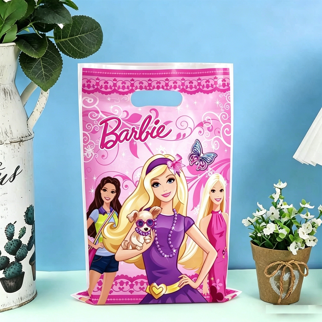 10 / 30 Chiếc Túi Ủng Hộ Tiệc Thời Trang Barbie 17 × 25cm, Túi Lười Nhựa Xoay Màu Hồng Barbie & Pupp