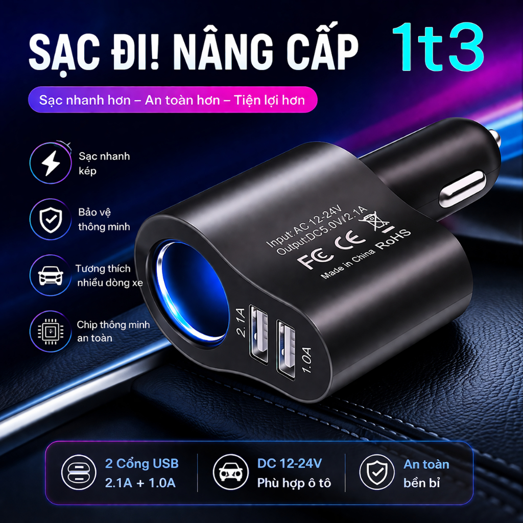Bộ sạc xe hơi Mini 3 trong 1 có cổng USB kép Sạc nhanh đa năng Bộ sạc xe hơi 12V / 24V