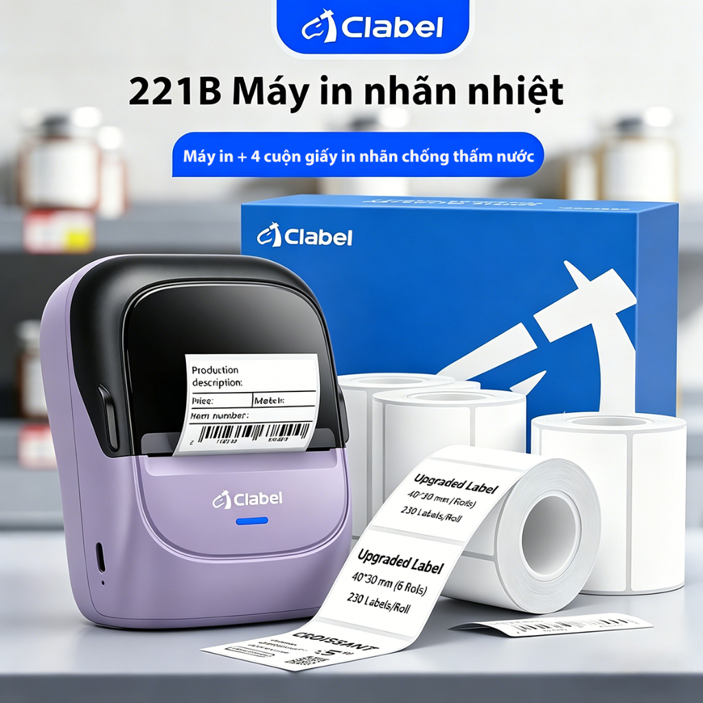 Clabel 221B Máy in nhãn nhiệt và máy in mã vạch, thích hợp để in nhãn giá bán lẻ, mã vạch và nhãn dá