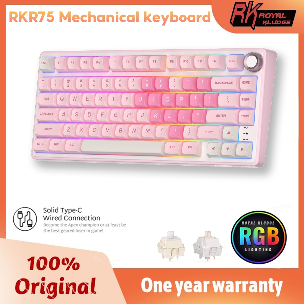 RK Royal Kludge RK R75 Miếng đệm giai điệu màu hồng có dây có núm bàn phím cơ