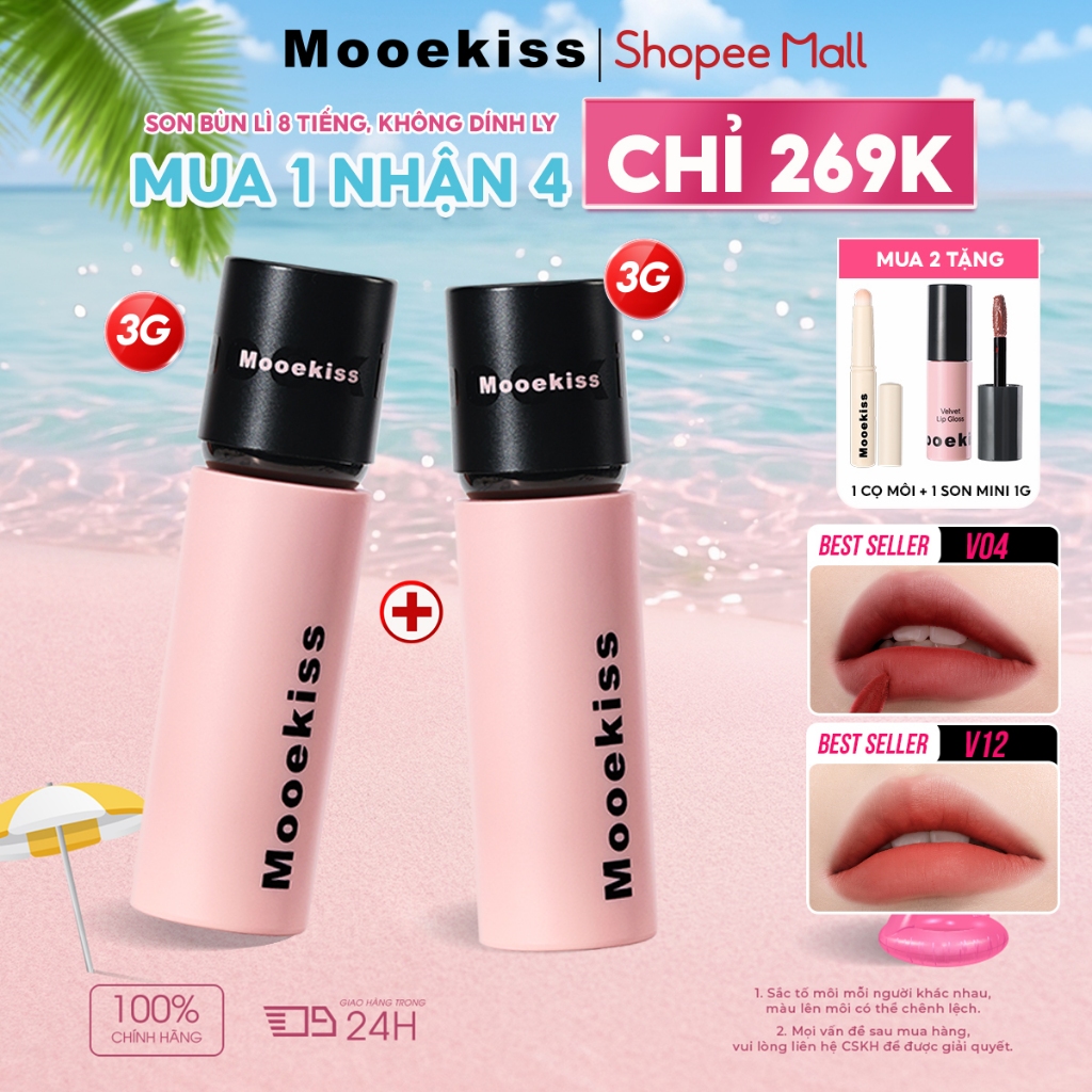 [Live Combo 3gx2] Combo 2 son kem lì Mooekiss Velvet Lip Mud, chất son bùn mềm mịn, lên màu chuẩn và bền màu suốt nhiều giờ 3gx2 | BigBuy360 - bigbuy360.vn